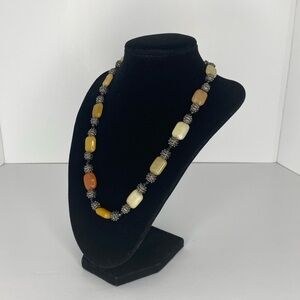 BOHEMIAN ORANGE SHADES SEMI PRECIOUS STONE NECKLACE LITTLE BLACK BEADS